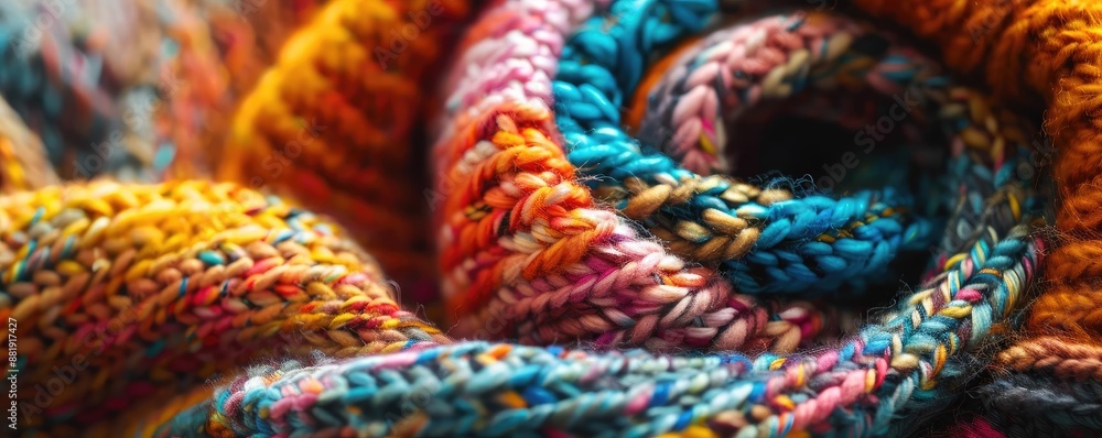 Poster close-up image of colorful knitted fabric with intricate patterns and vibrant colors, showcasing tex