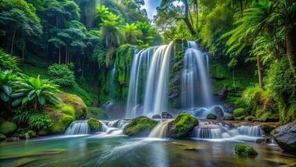 Obraz premium Long exposure shot of waterfall in lush jungle setting, waterfall, jungle, long exposure, motion blur, nature