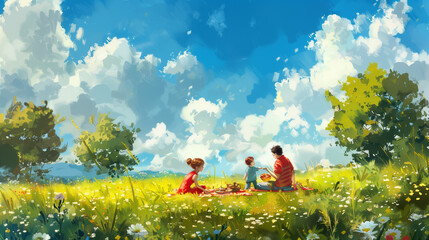 A family having a picnic on a green meadow