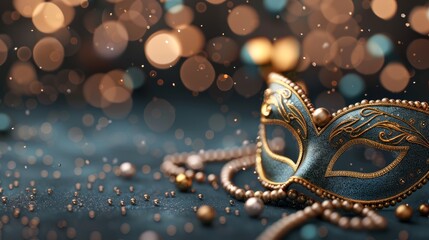 Elegant masquerade mask on a teal background, surrounded by glittering lights and beads, evoking mystery and celebration.