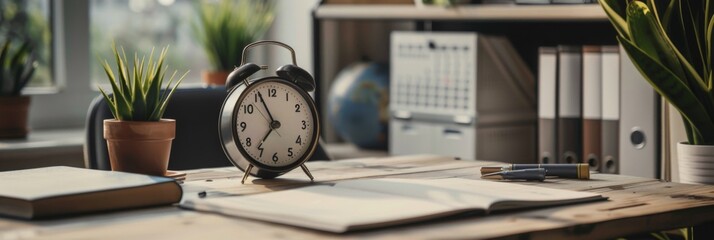 Stylish Desktop Setup Featuring Planner, Clock, and Digital Calendar, Symbolizing Effective Time Management Tools for Productivity and Organization Themes.