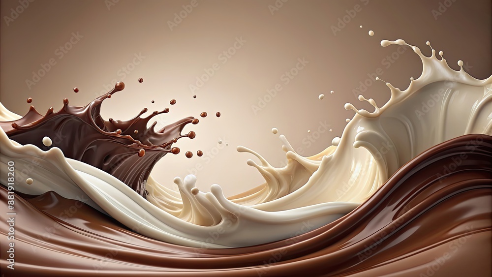 Wall mural Milk and chocolate waves crashing against each other, splash, chocolate, milk, sea, waves, liquid, food, dessert, contrast