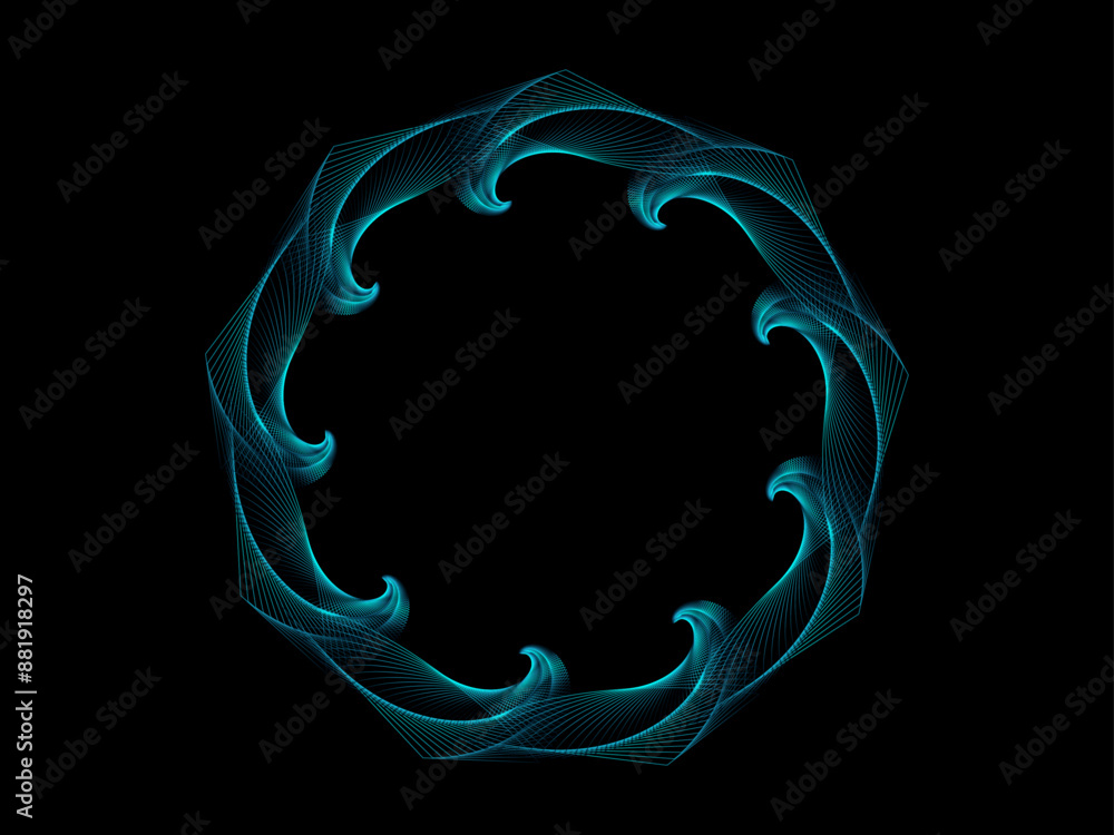 Wall mural abstract flowing circles lines pattern spinning round frame in blue green light isolated on black ba