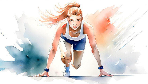 Dynamic illustration of a professional runner in action, competition, sports games, summer olympic games. Running. Woman . Illustration.