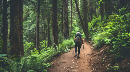 Obraz premium Lone backpacker trekking through dense forest with narrow path