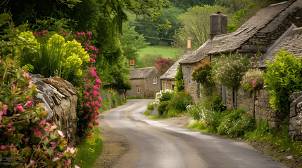 Naklejka premium Road trip through remote countryside with cottages and flowers