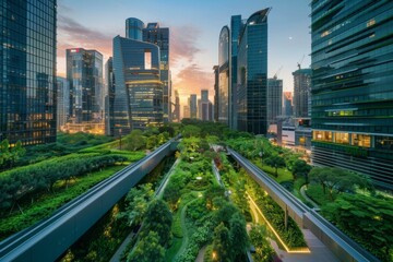 Naklejka premium Vibrant Eco-Friendly Cityscape Showcasing Lush Greenery, Sustainable Architecture, and Community-Centric Urban Planning with an Emphasis on Social Responsibility and Environmental Stewardship.