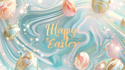 Fototapeta premium Enchanting abstract backdrop with marble-like patterns and glowing script saying Happy Easter