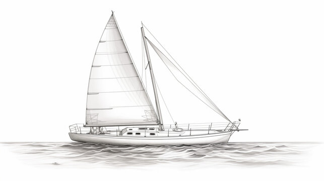 recommend clip art: Yacht in hand drawn style/ Black and white sketch of the marine transport, boat on the water isolated on white background. Generative Ai
