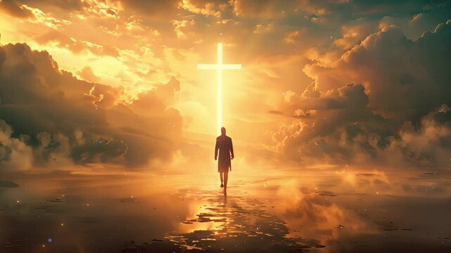 church concept: worship and praise. Heavenly spirit. Human walking on clouds to gate of heaven. Angel in sky clouds. Hope and believe concept of god. 4k video