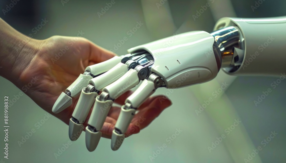 Poster a human hand reaching out to touch a white robotic hand creating a connection between man and machin