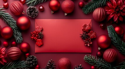 Red Envelopes with blank empty card on red background, flat lay minimal, Chinese New Year celebration