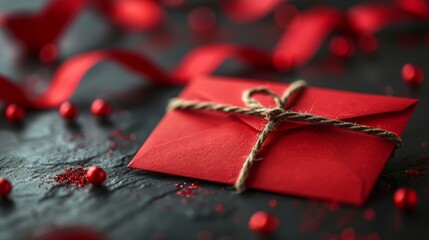 Red Envelopes with blank empty card on red background, flat lay minimal, Chinese New Year celebration