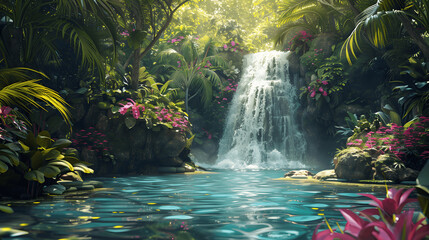 Jungle waterfall cascading into serene natural pool
