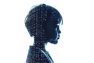 Child made from binary code on a white background in a wireframe plexus style, illustrating the intersection of technology and human life in digital art form