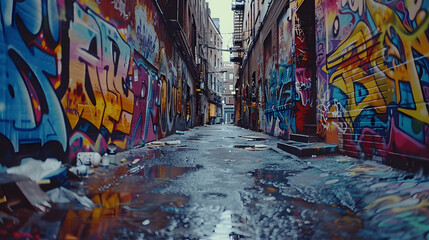 Fototapeta premium Graffiti-covered alley with vibrant street art in urban setting