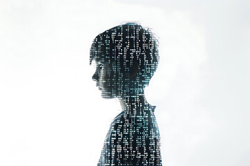 Child made from binary code on a white background in a wireframe plexus style, illustrating the intersection of technology and human life in digital art form