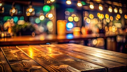 Wooden table with soft light reflection and abstract blurred bar or club background in the dark night, table, wood, light, reflection