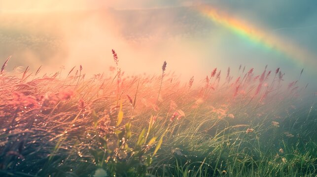 Ethereal rainbow spectrum crossing a wild grassy meadow in soft daylight. 