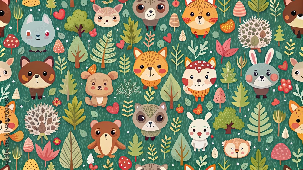 Poster Seamless pattern with cute animals in a forest setting, animals, wildlife, nature, woodland, seamless, pattern, design