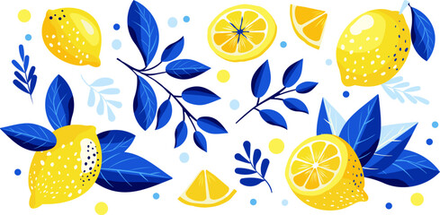 Cute vector set of lemon pattern in yellow and blue colors. Tropical fruit slice, fresh green leaves, yellow lemons on a blue background.