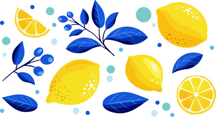 Cute vector set of lemon pattern in yellow and blue colors. Tropical fruit slice, fresh green leaves, yellow lemons on a blue background.