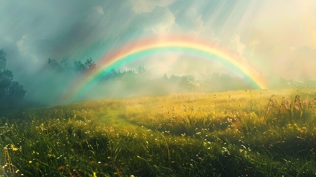 Ethereal rainbow spectrum crossing a wild grassy meadow in soft daylight.  - Powered by Adobe