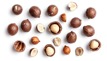 Fototapeta premium Macadamia nuts isolated on white background. Top view. Flat lay