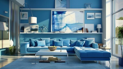 A living room with a blue couch and a coffee table