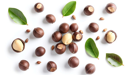 Macadamia nuts isolated on white background. Top view. Flat lay