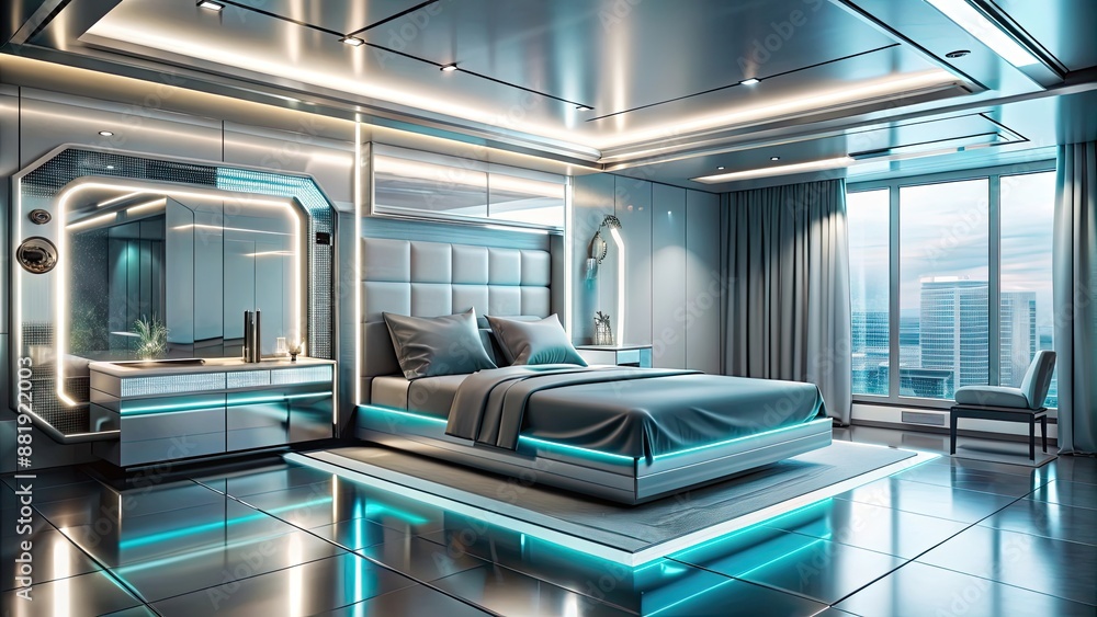 Canvas Prints Futuristic bedroom with sleek metallic furniture and high-tech gadgets, futuristic, room, concept, bedroom, sleek