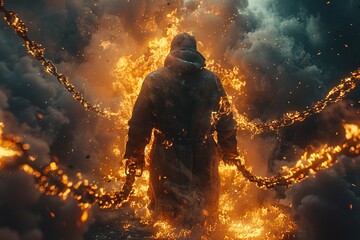 man breaking free of chains in fire, concept of freedom