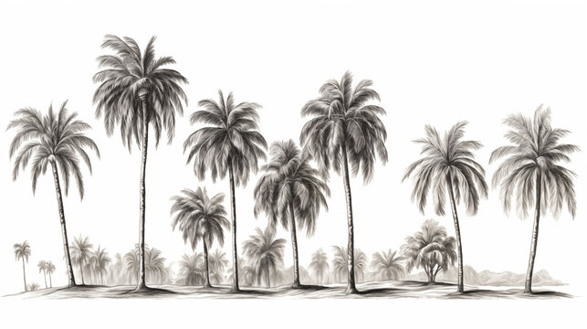 Palms landscape. Tropical jungle palm. Exotic tree botanical, rainforest foliage. Beach coast sketch. Black and white engraving style. Generative AI	
