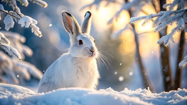 Winter's Frosty Embrace. A serene winter scene captures the quiet beauty of a white rabbit amidst a frosted forest, as the sun casts a soft glow on the snowy landscape.