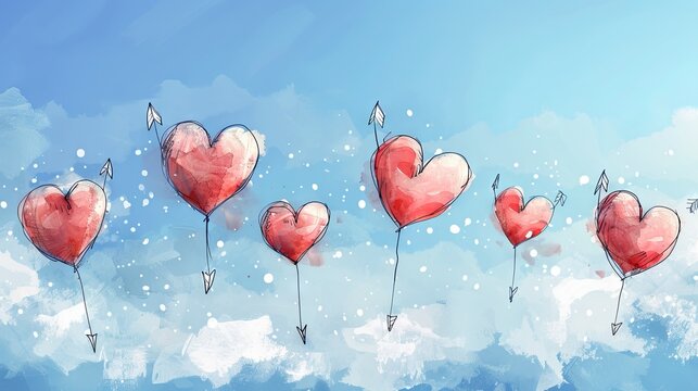 Red heart-shaped balloons float in the blue sky.