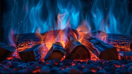 Bright blue and orange flames emanate from a burning log fire, capturing a warm and cozy atmosphere. A visually stunning image blending blue and orange hues.