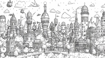 The image is a black and white drawing of a cityscape