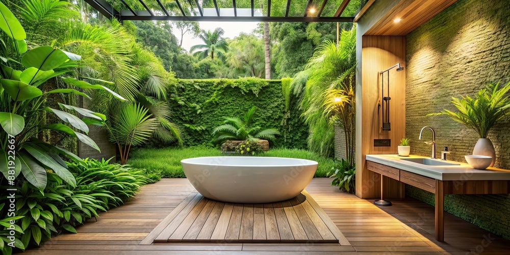 Sticker Peaceful outdoor bath surrounded by lush greenery and natural surroundings, nature, bath, relaxation, serene, tranquil