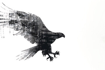Eagle made from binary code on a white background in a wireframe plexus style, symbolizing the blend of technology and nature in a striking digital art form