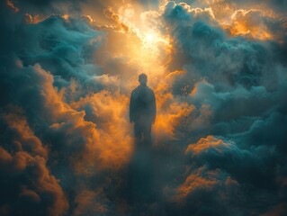 Obraz premium Silhouette of a man moving from ominous storm clouds into clear, peaceful skies