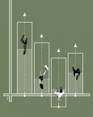 Four business people running inside bar charts with upward arrows. Growth, progress, and pursuit of...