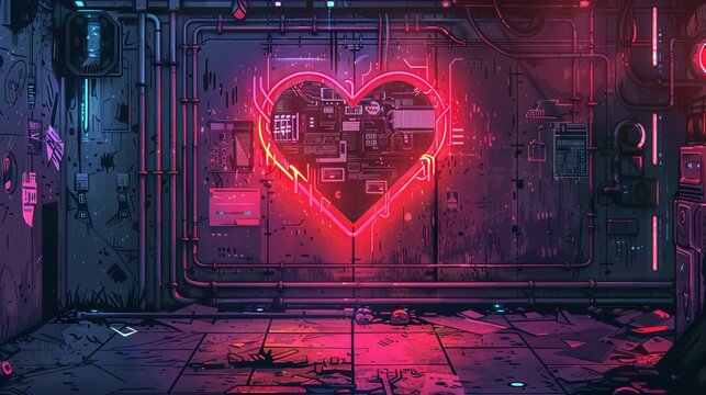 The image shows a dark room with a glowing red heart-shaped light on the wall.