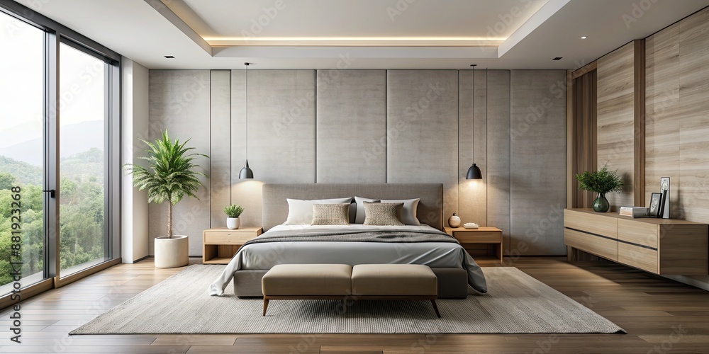 Poster Minimalist bedroom with a serene contemporary design , calm, peaceful, tranquil, modern, clean, elegant, simplicity