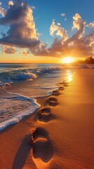 Footprints in the Sand at Sunset - Serene Beach Scene with Space for Text
