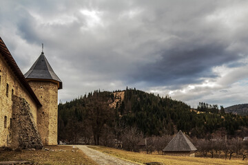 Fototapeta premium Sucevita Monastery Europe, Romania, Suchav region, Sucevița, DN17A 169, 727510, 12.02.2024 year