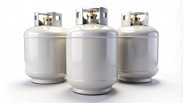 Three propane tanks lined up in a row on a white background , propane, tanks, fuel, storage, energy, industrial