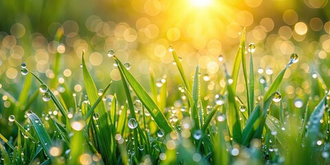 Fresh green grass covered in dewdrops on a sunny morning, nature, grass, green, morning, sunlight, dew, spring, meadow