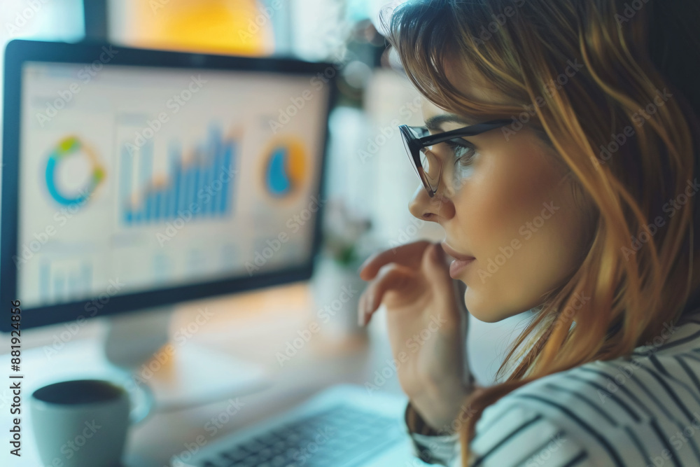 Poster close up of a business woman showing a data graph on a computer screen in an office, focused on her 