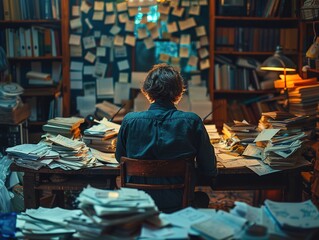 Creative workspace with a person surrounded by colorful sticky notes on the wall, amidst piles of documents and books