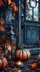 Fototapeta premium Cozy autumn scene beside front door with pumpkins